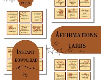 May include: A set of 30 affirmation cards with brown and orange backgrounds. The cards feature inspirational quotes for business success. The text "AFFIRMATIONS CARDS" is displayed in a large font on a brown background.