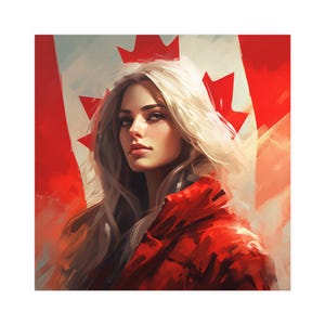 Canadian Woman Poster, Canadian Flag Art Print, Patriotic Wall Decoration, Maple Leaf Design Sign,