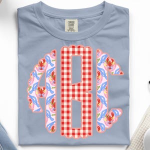 May include: Pale blue Comfort Colors t-shirt featuring a monogram design. The central letter "B" is red and white gingham, with "A" and "C" in pink with a crawfish and floral pattern. The shirt has a crew neck.