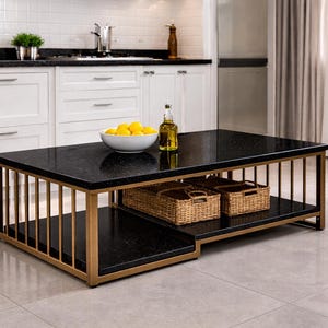 Black Galaxy Granite Coffee Table – Modern Metal Frame, Dual-Tiered Design