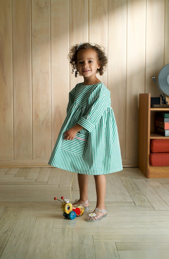 Handmade Green Stripe Cotton Toddler Dress - Long Sleeve, Shell Buttons Handmade Green Stripe Cotton Toddler Dress - Long Sleeve, Shell Buttons