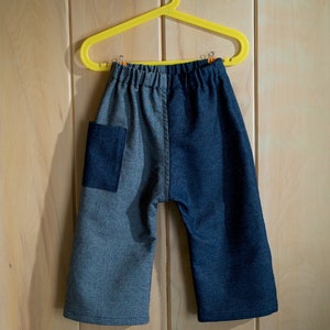 Handmade Two Tone Wide Leg Pull-On Jeans - Toddler & Kids Unisex Cotton Denim Summer Pants, Big Pocket, Wide Leg, Oeuf Soft Pants Blue