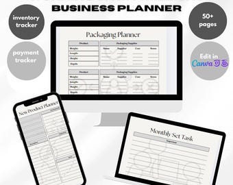May include: A computer screen displaying a business planner template with sections for "Packaging Planner", "New Product Planner", and "Monthly Set Task". The template is designed to help businesses organize and manage their operations. The text "The Ultimate Done For You Working On My Millions Business Planner" is at the top of the image. The text "50+ pages" is in the top right corner of the image. The text "Edit in Canva" is in the bottom right corner of the image.