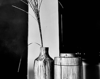 Jarrón y caja de abedul, torneados y aceitados