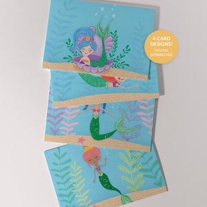 Mermaid Note Cards, Mermaid Stationery, Folded Mermaid Greeting Cards, Printable Note Cards, Under the Sea Cards, Everyday Greeting Cards
