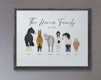 Custom Family Portrait, Personalized Horse Family Print, Horse Themed Gifts, Equestrian Gift, Western Cowboy Gift