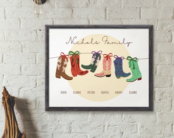 Custom Family Portrait, Personalized Cowboy Boots Family Print, Cowboy Themed Gifts, Western Gift