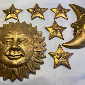 Astrological large Sun, Moon Crescent, 5 Stars Wall hanging Art. Hand cast and hand finished in  metallic colours Antique Gold, Silver.
