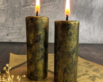 Set of 2 Black and Gold Ritual Candles – Protection Spell Candles for Altar Decor with Optional Skull or Metal Holder