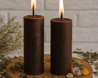 Set of 2 Brown Beeswax Ritual Candles - Grounding and Protection Spell Pillars with Optional Metal Candle Tray, Unique Home Accent