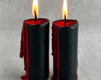 Set of 2 Black Pillar Candles: Bloody Wax for Witchcraft, Protection Spells, and Magic Rituals