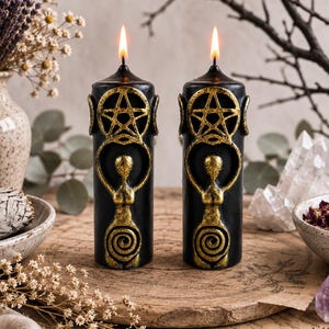 Set of 2 Goddess Mother Spiral Candles - Handcrafted Black and Gold Wax Candles for Spiritual Rituals and Meditation