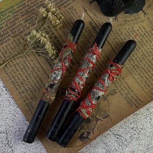 Puede incluir: Velas de ritual negras envueltas con piel de serpiente e hilo rojo, adornadas con hojas secas. Las velas descansan sobre un fondo de papel vintage con ilustraciones botánicas y texto, junto a una calavera negra.