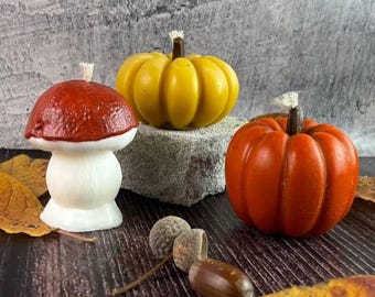 Autumn Candle Set – Handmade Pumpkin and Mushroom Candles, Beeswax and Soy Wax Fall Décor, Cozy Home Decoration Gift