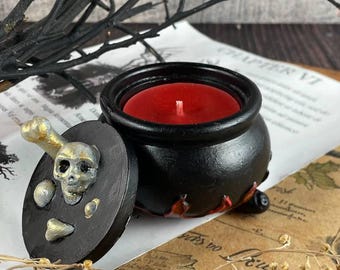 Cauldron Candle with Red Wax – Unique Halloween Candle with Skull Lid, Witchy Home Decor for Altar and Spooky Gift