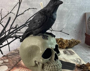 Elegant Gothic Black Raven on Skull Candle – Mystical Decor for Rituals, Protection, and Spiritual Energy