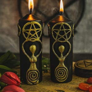 Set of 2 Goddess Mother Spiral Candles - Handcrafted Black and Gold Wax Candles for Spiritual Rituals and Meditation