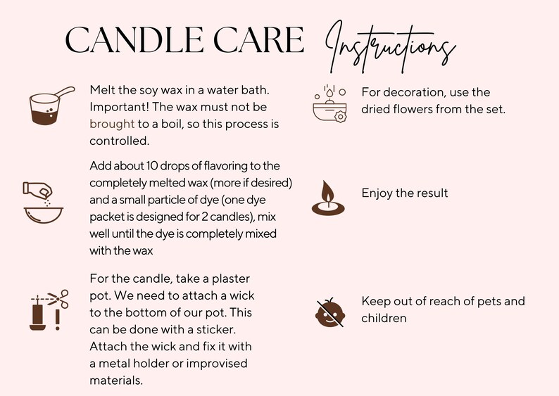 Instruction sheet with tools and accessories styled next to lit candle