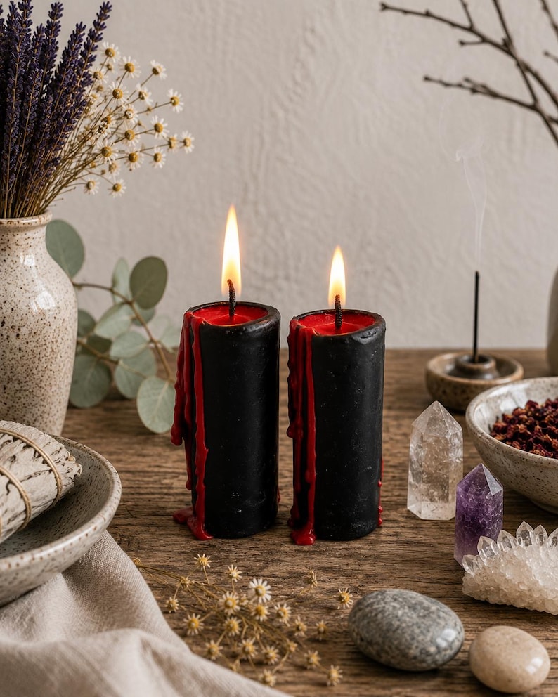 Juego de 2 velas de pilar negras: cera sangrienta para brujería, hechizos de protección y rituales mágicos.