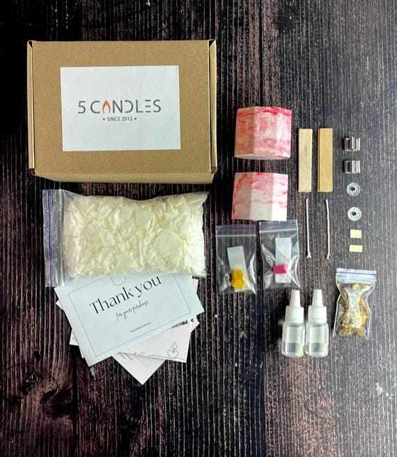 Deluxe Soy Candle Making Kit - Size M Red Marble - DIY Natural Wax Kit with Scents, Dye, Flowers and Holders - Artistic DIY Gift Set