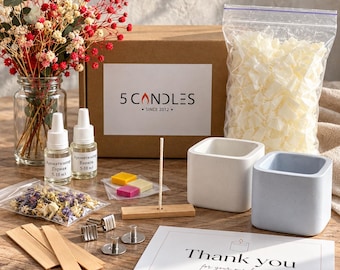 DIY Soy Candle Making Kit size M - Blue and White Marble Candle Jars for Craft Gift Set with Soy Wax, Dyes and Flowers, DIY Candle Project