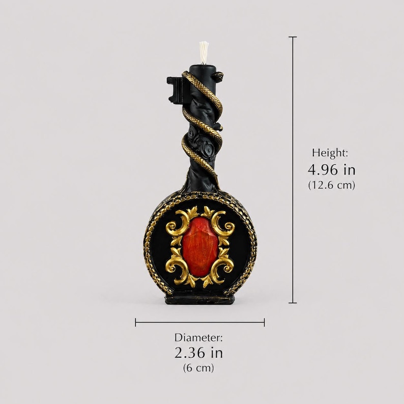 Handcrafted Key of Fortune Candle with Gold Snake Detail and Displayed Height and Diameter Measurements