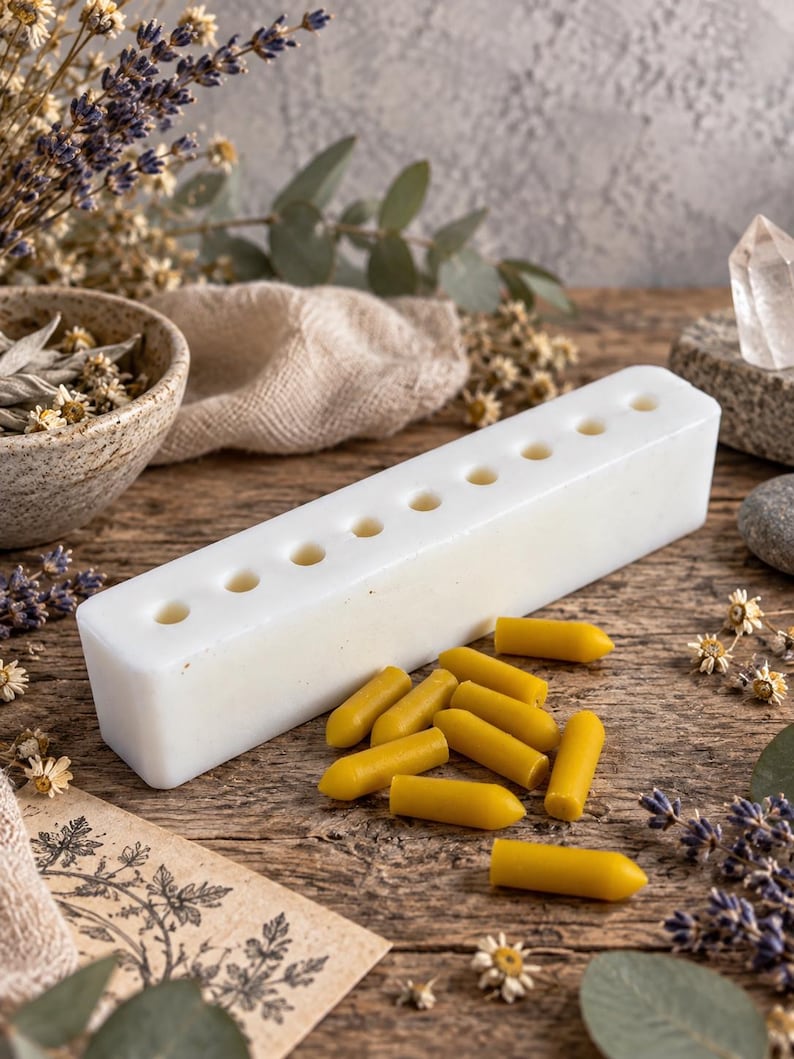 White reusable silicone suppository mold with multiple cavities beside finished yellow wax suppository samples, styled with dried herbs, lavender and quartz crystals for DIY crafting and home remedy preparation