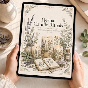 May include: A digital tablet displaying a book cover titled Herbal Candle Rituals: A Botanical Ritual Journal. The cover features illustrations of three pillar candles, lavender sprigs, an open book, and a small glass jar labeled Sage.
