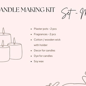 Candle kit components laid out before assembly: soy wax bag, two holders, wicks, dyes, and flowers arranged neatly for a beginner-friendly project.