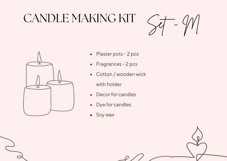 Candle kit components laid out before assembly: soy wax bag, two holders, wicks, dyes, and flowers arranged neatly for a beginner-friendly project.
