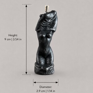 Black Female Torso Candle, 9 cm (3.54 in) tall and 2.9 cm (1.14 in) wide, handcrafted sculptural body candle with silver highlights for feminine energy rituals, self-love, empowerment, spiritual practice and gothic altar decor