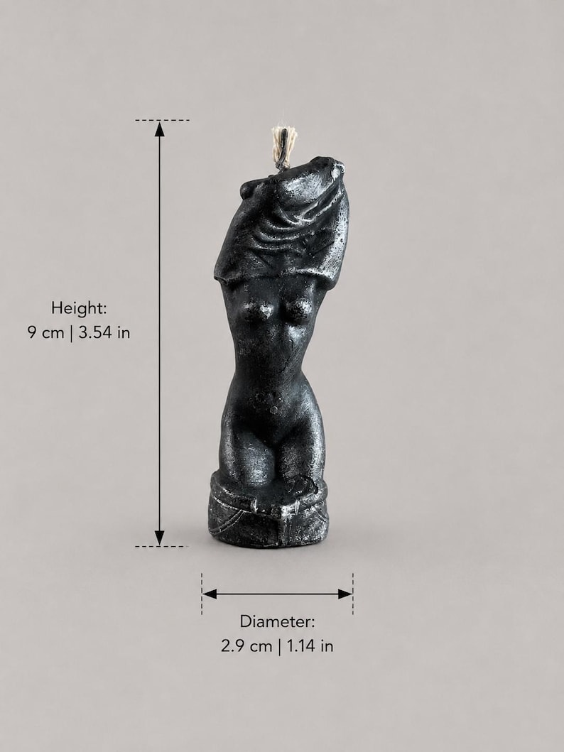 Black Female Torso Candle, 9 cm (3.54 in) tall and 2.9 cm (1.14 in) wide, handcrafted sculptural body candle with silver highlights for feminine energy rituals, self-love, empowerment, spiritual practice and gothic altar decor