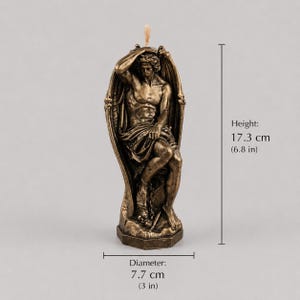 Handcrafted Bronze Lucifer Figure Candle with Displayed Height and Diameter Measurements for Ritual Decor