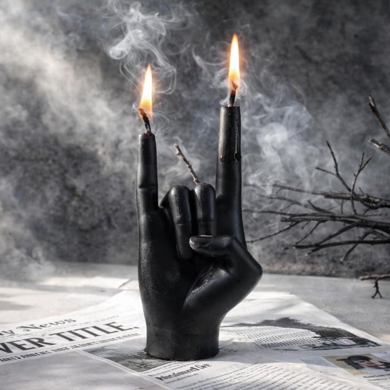 Black sculptural candle shaped like a rock hand gesture with two flames burning, surrounded by smoke and branches, symbolizing rebellion, strength, freedom, and raw inner power.
