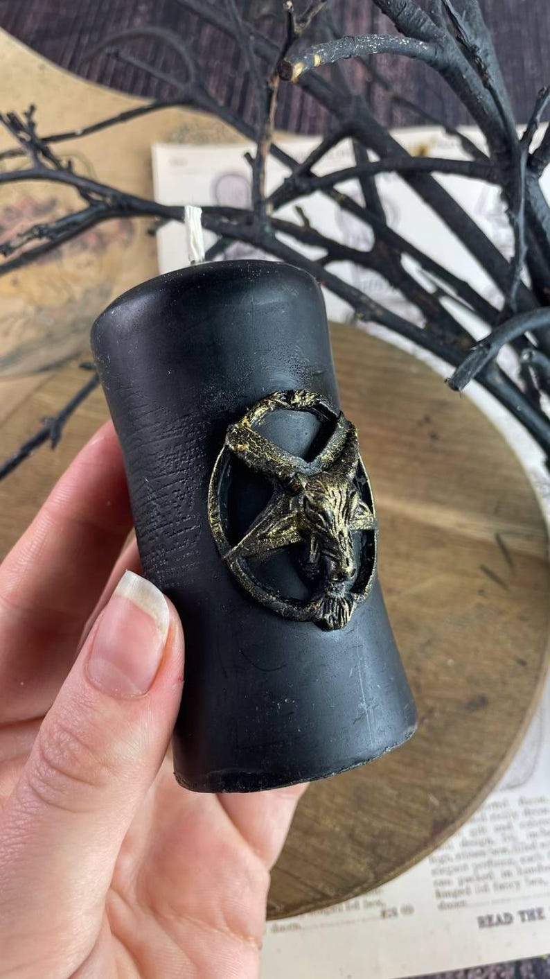 Close-up of the Baphomet Ritual Candle on an altar with mystical elements