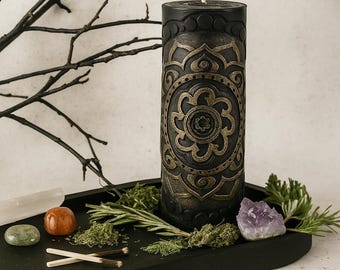 Floral Cylinder Candle – Black Wax Ritual Decor for Mystical Protection and Spiritual Energy