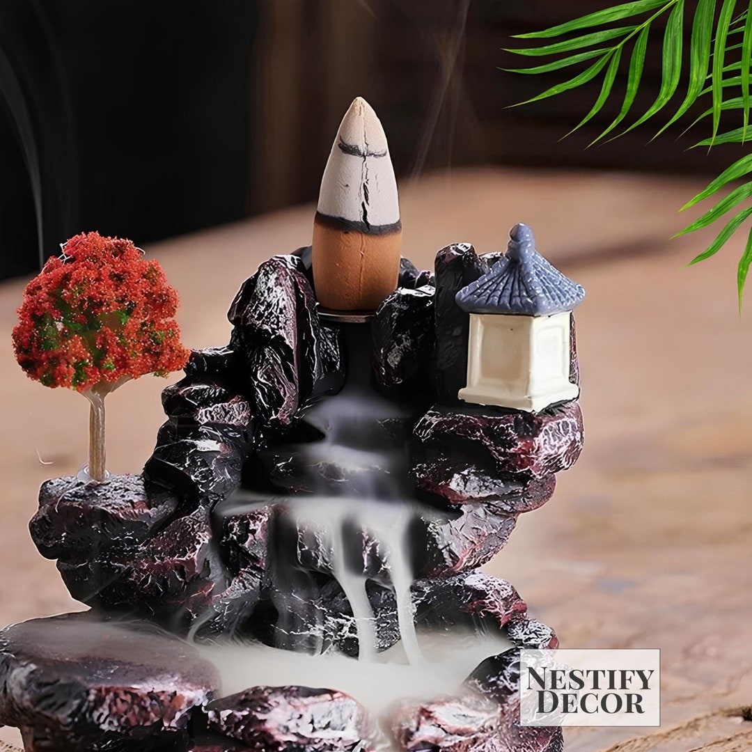 YYW Smoke Incense Waterfall Mushroom Incense Holder, Backflow Incense Burner With 20 Backflow Incense Cones 30 Incense Sticks, Handmade