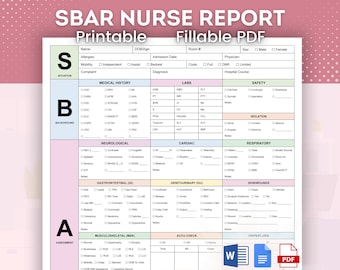 May include: A printable SBAR Nurse Report form in PDF format. The form is divided into sections labeled "Situation", "Background", "Assessment", and "Recommendation". Each section has a checklist of medical conditions, labs, and other relevant information.