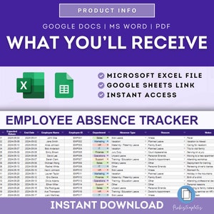 May include: A purple and white digital download product listing for an employee absence tracker spreadsheet. The listing includes icons for Microsoft Excel and Google Sheets, and the text "Instant Download" is displayed at the bottom of the image.