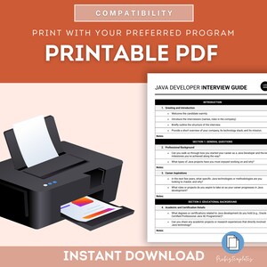 May include: A printable PDF guide for Java developers preparing for job interviews. The guide includes sections on greetings and introductions, general questions, career aspirations, educational background, and notes for each section.