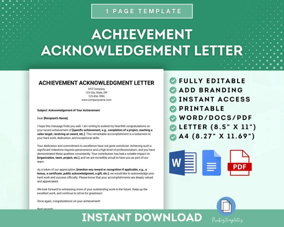 Achievement Acknowledgement Letter Template, Employee Achievement