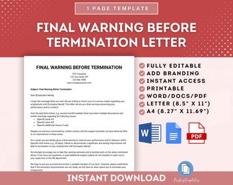 Final Warning Before Termination Letter Template, Last Warning Notice, Employee Termination Warning, Final Disciplinary Notice Template