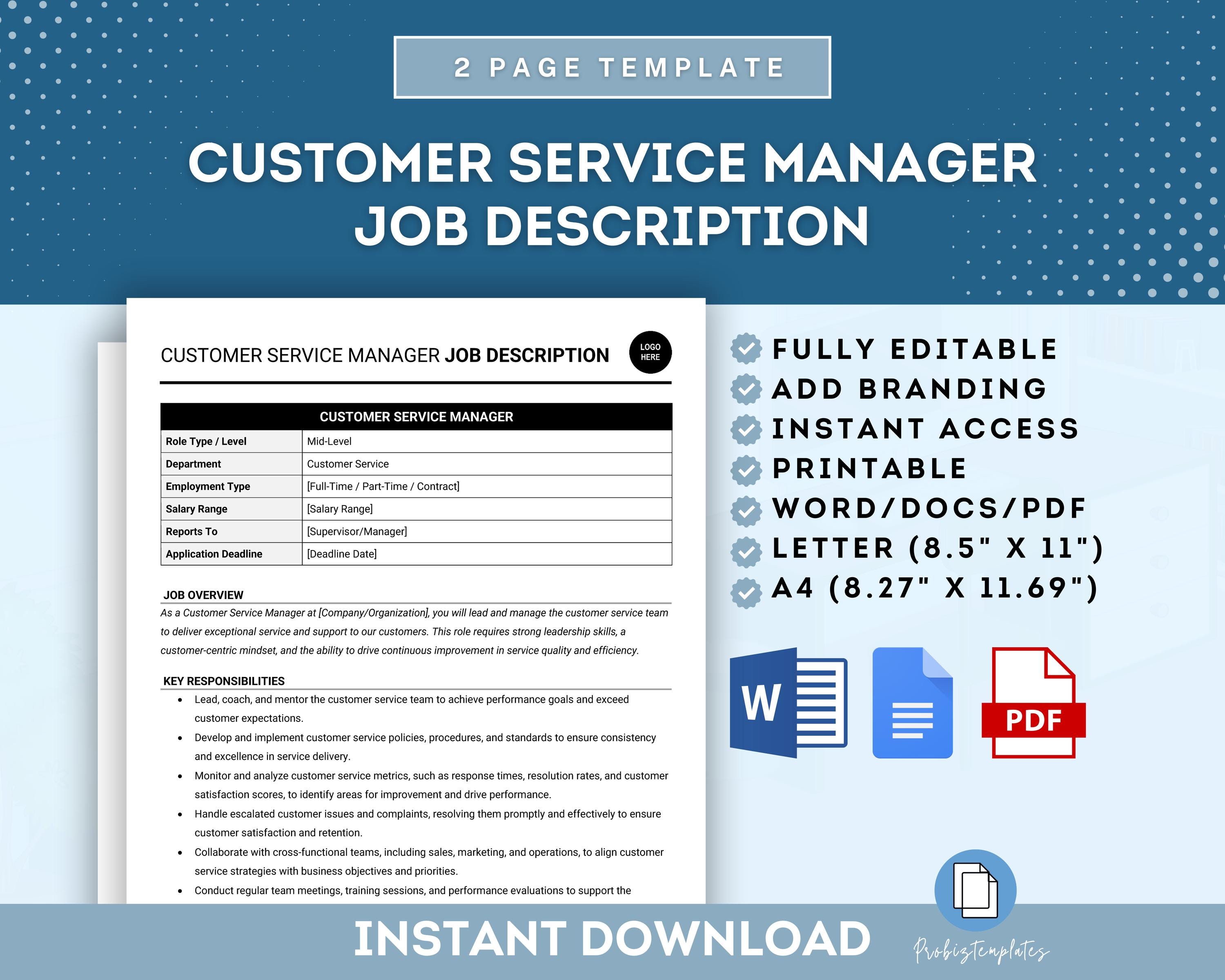Customer Service Manager Job Description Template, Customer Service Manager Responsibilities, Service Manager Role, Customer Service Duties