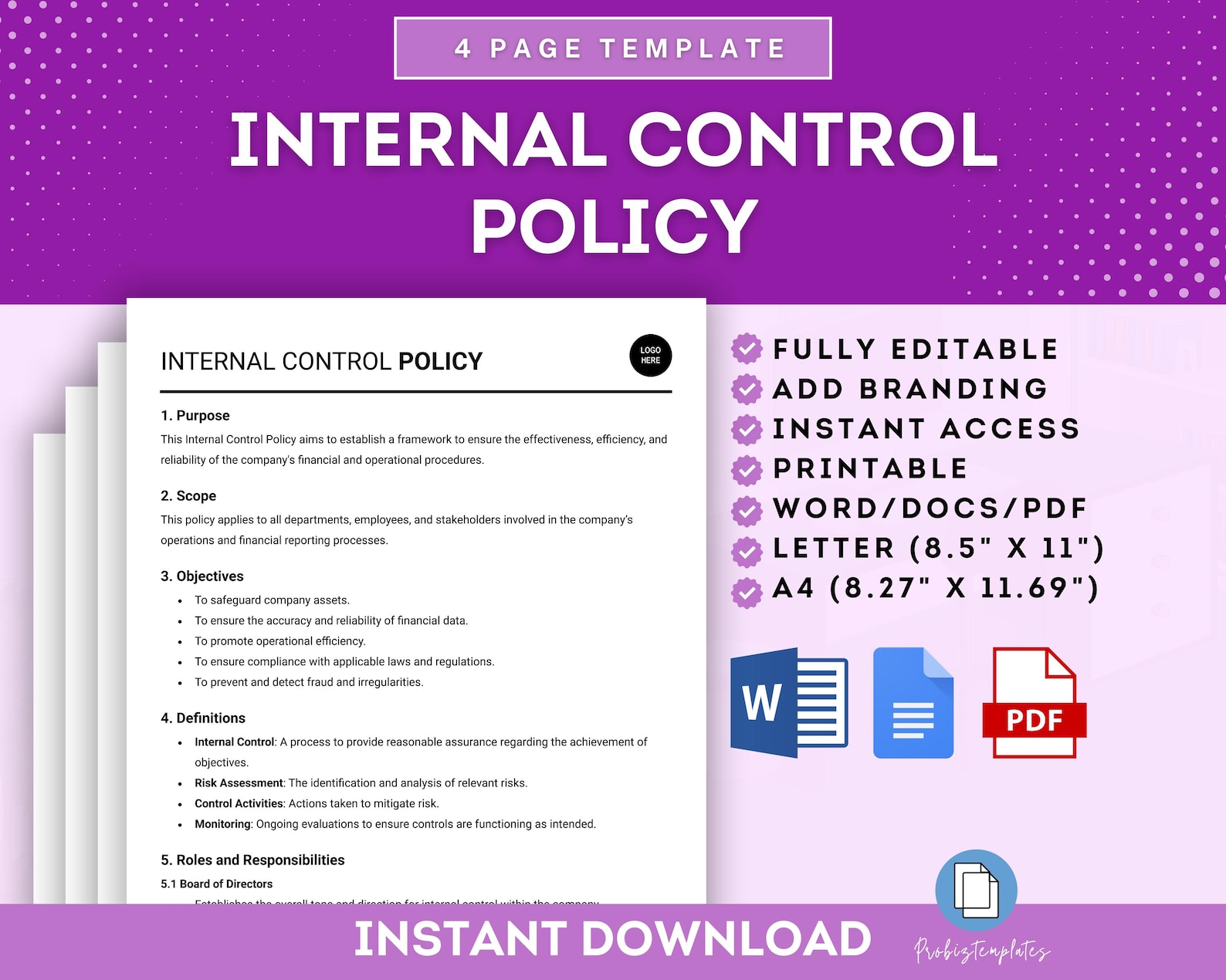 Internal Control Policy Template, Company Internal Controls, Internal ...