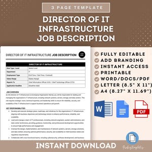 May include: A digital template for a Director of IT Infrastructure Job Description. The document is white with black text and includes sections for job overview and key responsibilities. The template is fully editable, printable, and available in Word/DOCS/PDF formats, with Letter (8.5" x 11") and A4 (8.27" x 11.69") sizes.