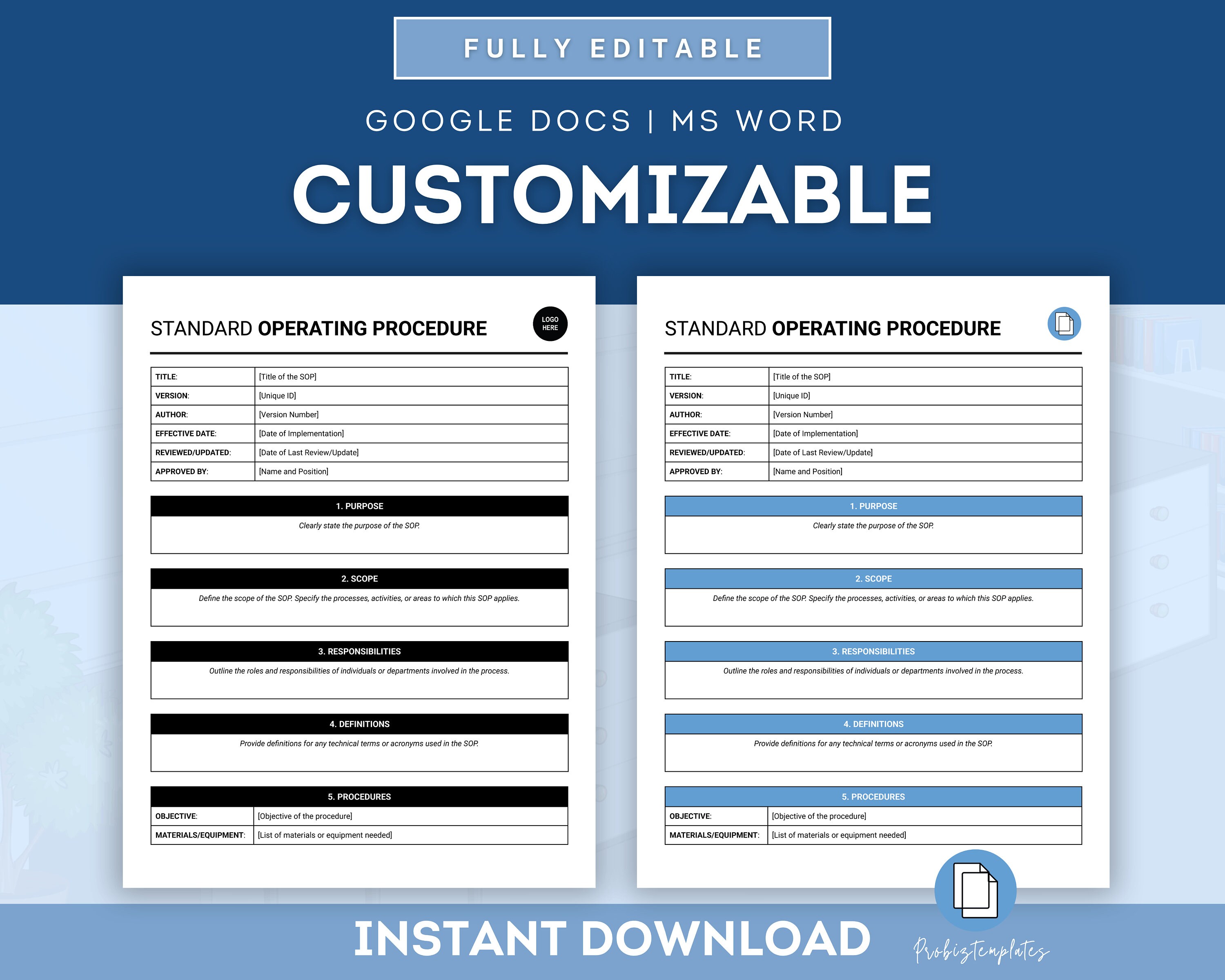 Standard Operating Procedure Template, SOP Business Document, Employee ...