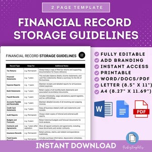 Financial Record Storage Guidelines Template, Financial Record Keeping Policy, Financial Document Storage, Record Retention Guidelines