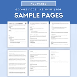 Puede incluir: Una p&aacute;gina de muestra de un Acuerdo de Licencia de C&oacute;digo Fuente. El documento incluye secciones sobre definiciones, garant&iacute;as, derechos de propiedad intelectual, terminaci&oacute;n y ley aplicable.