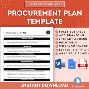 May include: A black and white printable procurement plan template with the title "Procurement Plan Template" in large white letters. The template is for a 3-page document and includes sections for executive summary, introduction, procurement objectives, procurement team, procurement methodology, and procurement schedule. The template is available in Word, PDF, and Letter size.