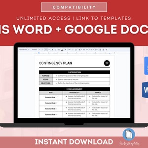 Op de afbeelding: Een laptopscherm dat een noodplan sjabloon in een Microsoft Word-document weergeeft. De sjabloon bevat secties voor doel, reikwijdte, doelstellingen, risico, waarschijnlijkheid en impact. Het document heeft de titel "Noodplan".